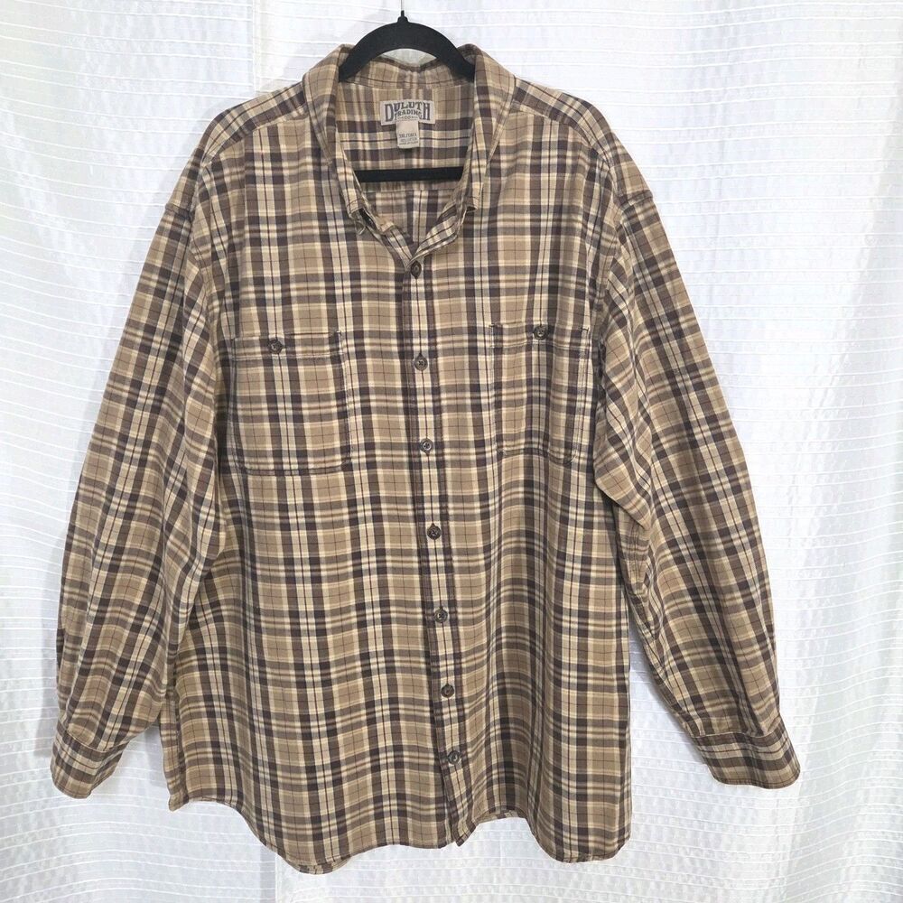 Duluth Plaid Flannel Shirt Men's 3XT Rugged Weight Outdoor Workwear Tan/Brown